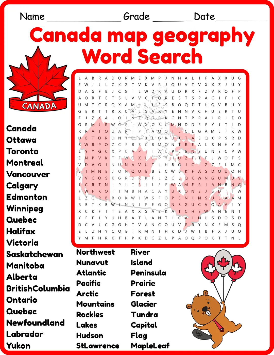 canada Map Geography Word Search 2rd 3th 4th 5th Grade worksheet – cover