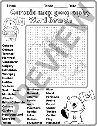 canada Map Geography Word Search 2rd 3th 4th 5th Grade worksheet – sample page 2
