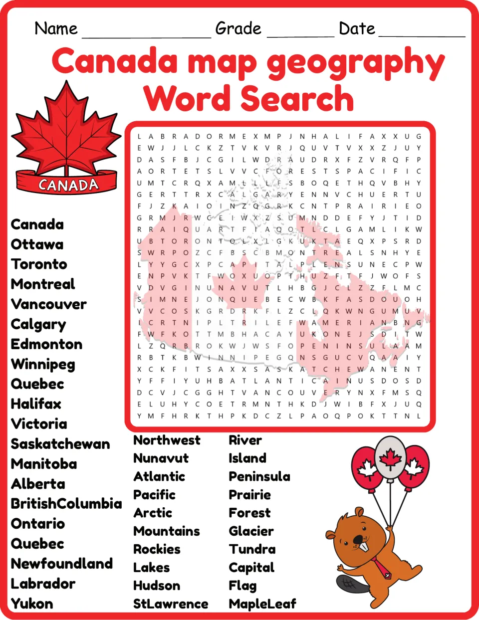 Canada geography word search in red: find provinces, cities such as Ottawa and Calgary, and terms like tundra and glacier
