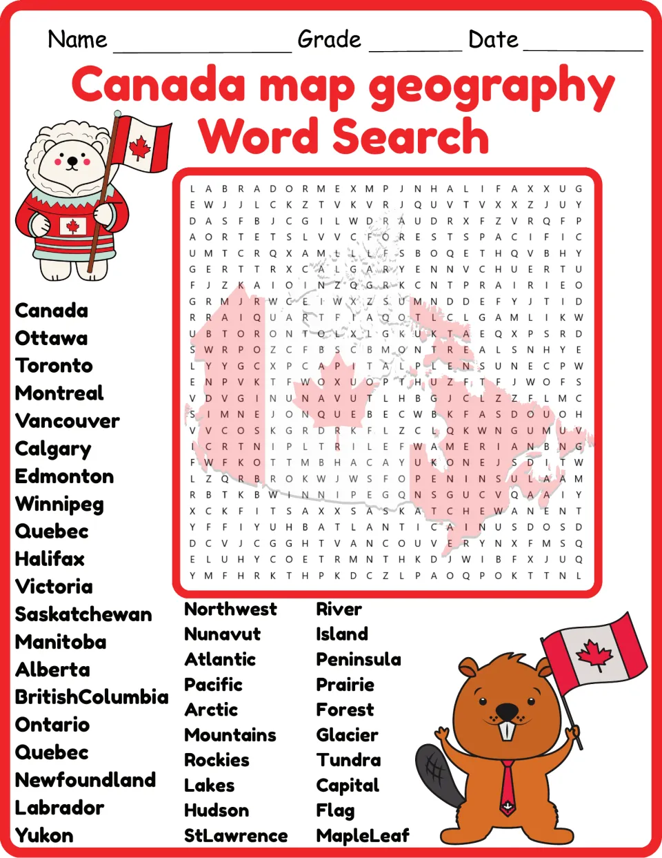 Color Canada word search with a flag-waving beaver: students hunt for Yukon, Nunavut, Hudson, StLawrence and MapleLeaf