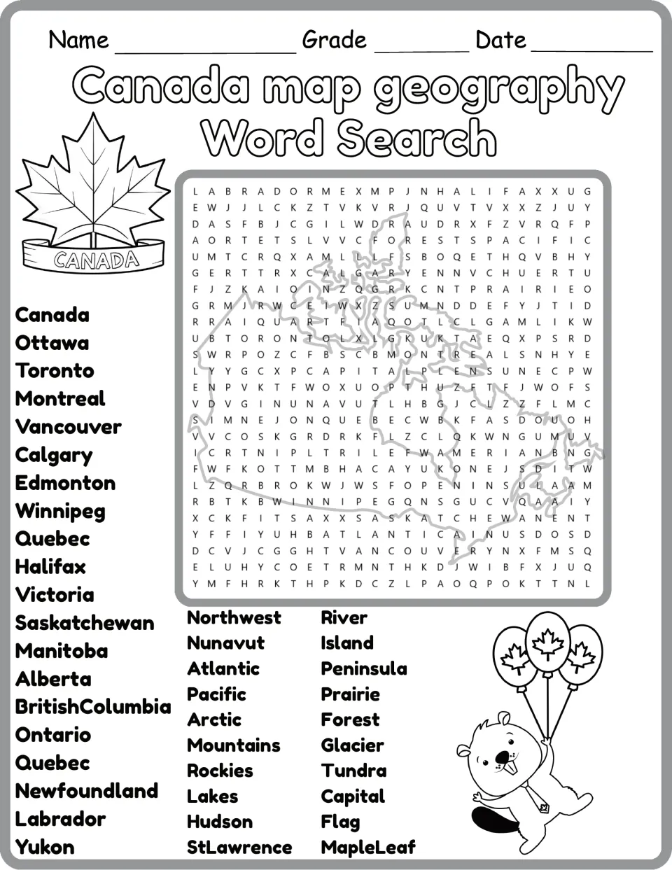 Black-and-white Canada word search: students find 40 words, from Manitoba and Winnipeg to Rockies, Prairie and Arctic