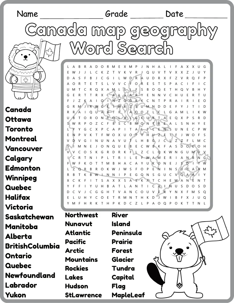 Black-line Canada word search with a parka bear: students circle Vancouver, Halifax, Pacific, Atlantic and Peninsula