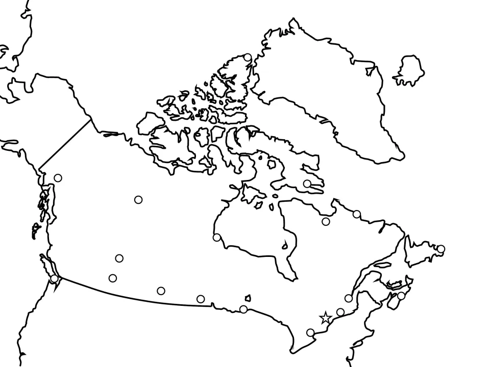 Outline map of Canada marking city locations with circles and Ottawa with a star, unlabeled for students to name
