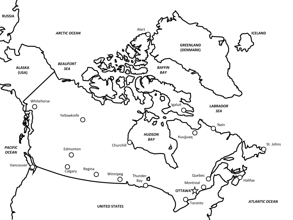 Labeled map of Canada naming cities from Vancouver to St. Johns, capital Ottawa, oceans, bays and neighbouring countries