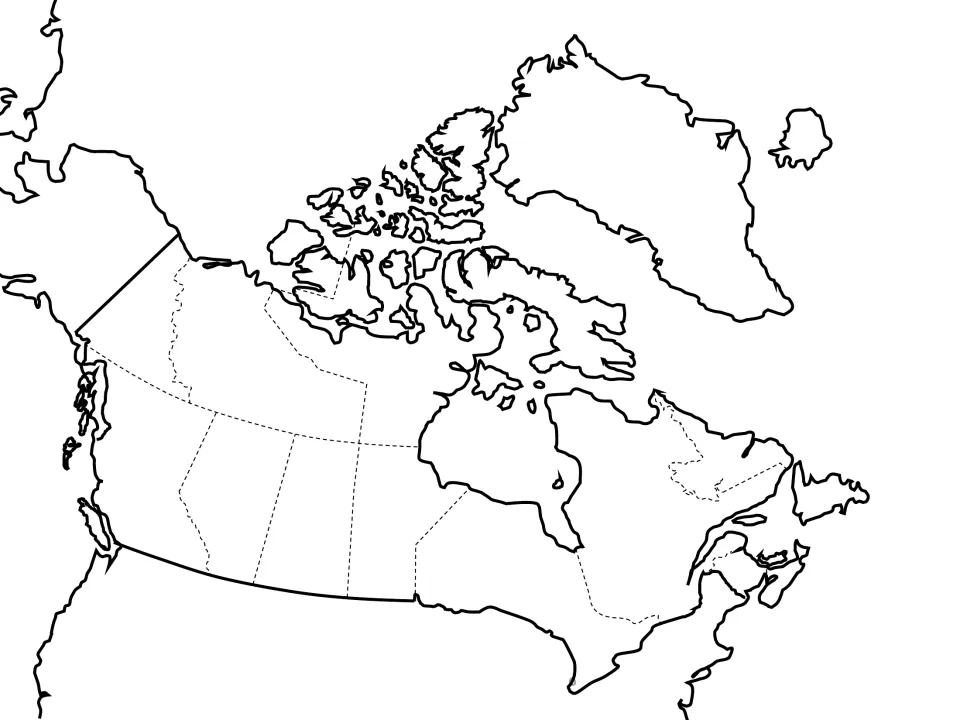 Outline map of Canada with dashed provincial and territorial boundaries and no names, for labeling provinces