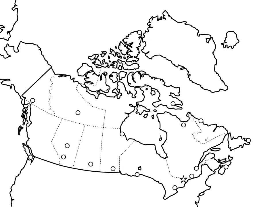 Unlabeled Canada map showing province boundaries plus circles for cities and a star for Ottawa, for map labeling