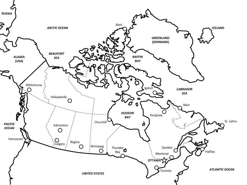 Labeled Canada map with provincial boundaries, cities such as Edmonton, Regina and Winnipeg, Ottawa starred, and seas
