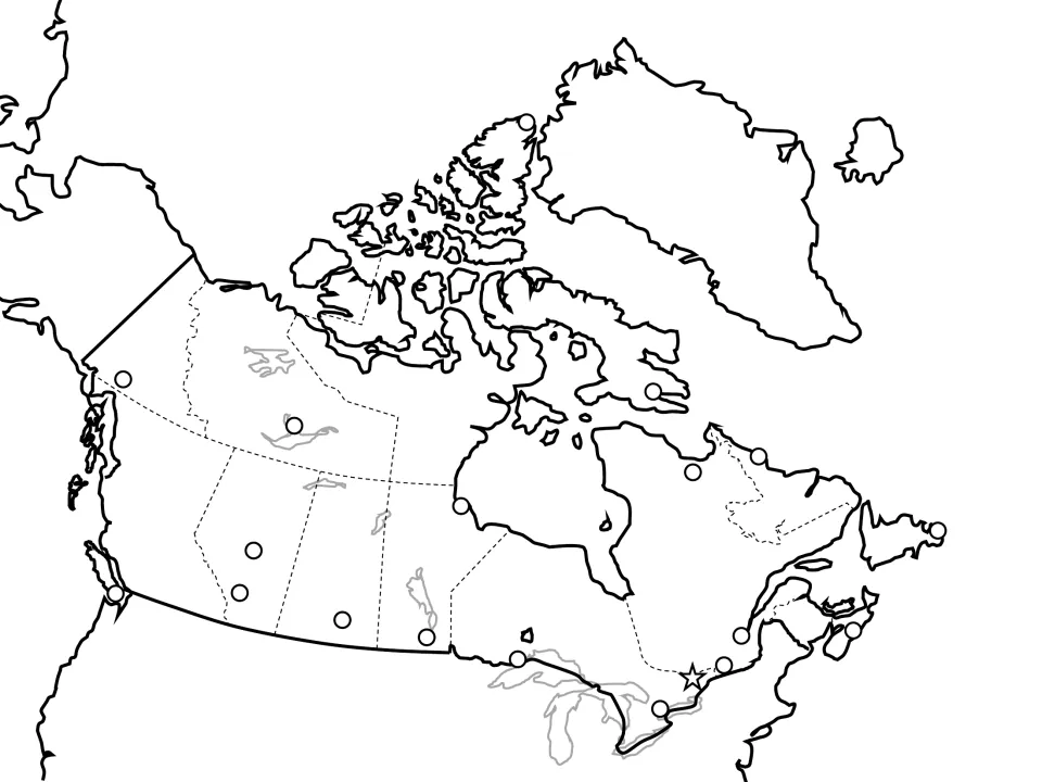 Unlabeled Canada map with provinces, major lakes in grey, circled city sites and Ottawa's star for students to identify
