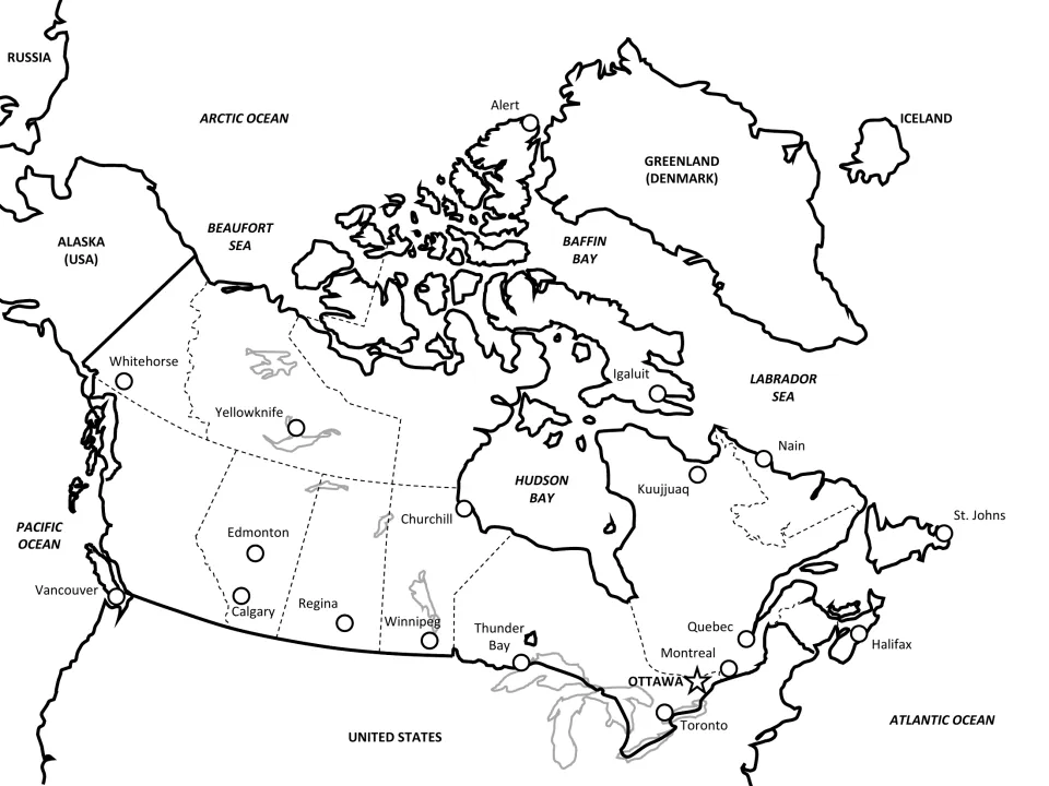 Fully labeled Canada map with provinces, Great Lakes, cities from Whitehorse to Halifax, Ottawa, and surrounding waters