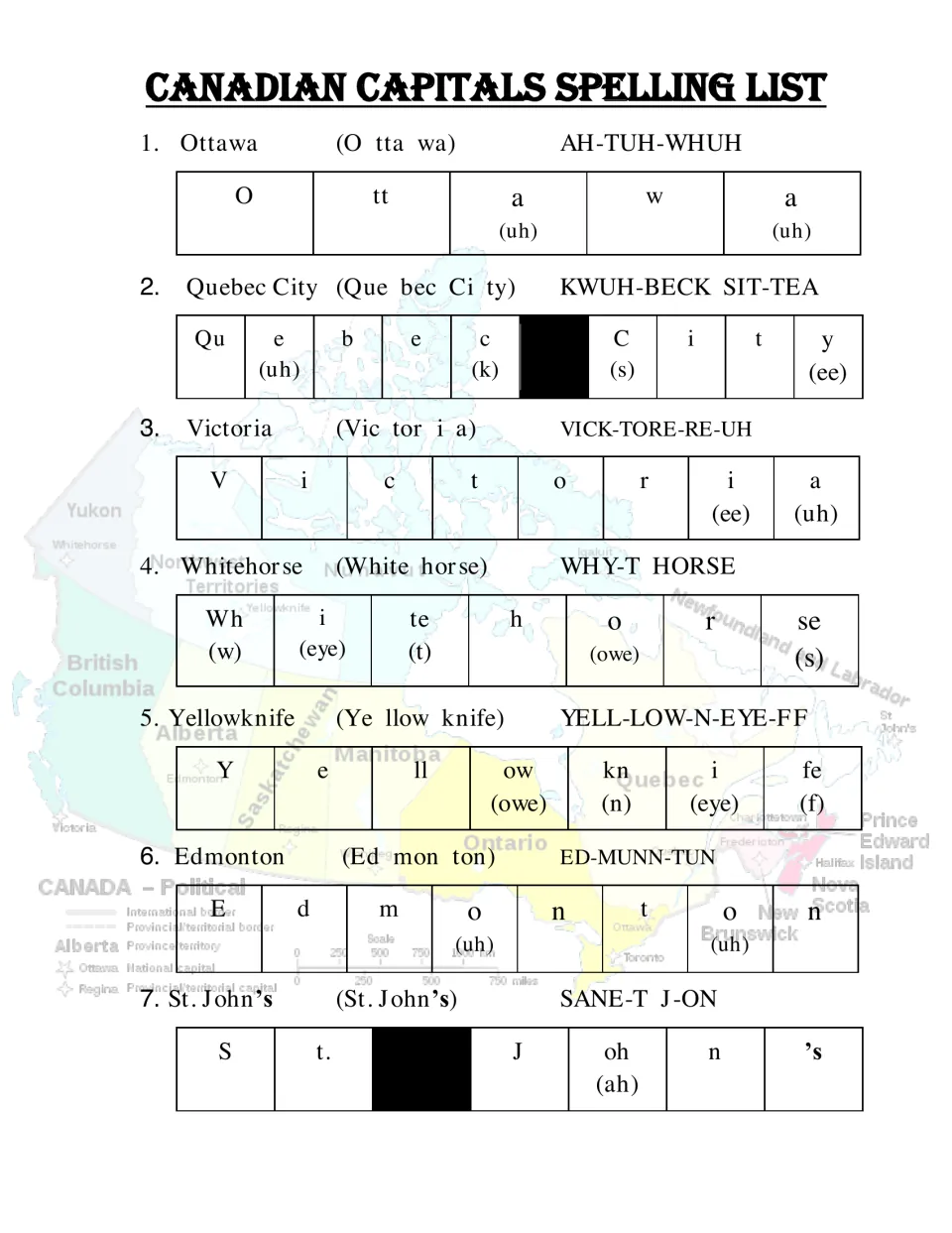 Capital city spelling 1-7: Ottawa, Quebec City, Victoria, Whitehorse and more split into syllables and letter sounds
