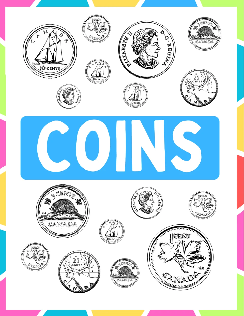 Coins cover: Canadian penny, nickel, dime and quarter drawn with maple leaf, beaver, schooner, caribou and Queen sides
