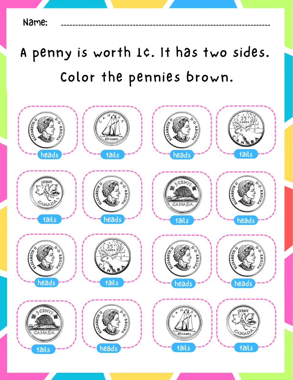 Penny is worth 1¢: students find the pennies among 16 heads and tails coins and color them brown to identify the coin