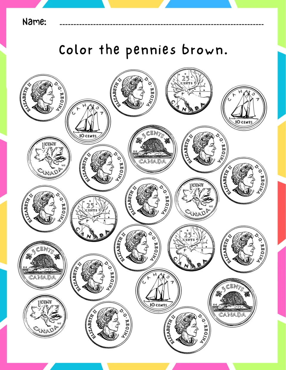 Penny hunt: students search a scattered mix of Canadian coins and color every penny brown to practise coin recognition