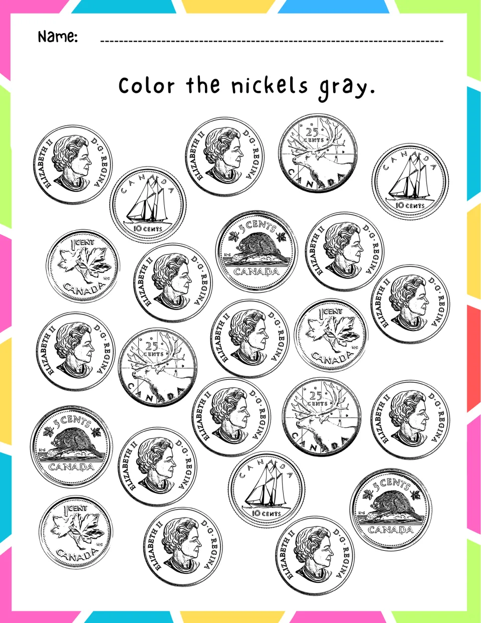 Nickel hunt: students look through a scattered mix of Canadian coins and color each nickel gray to recognize the coin