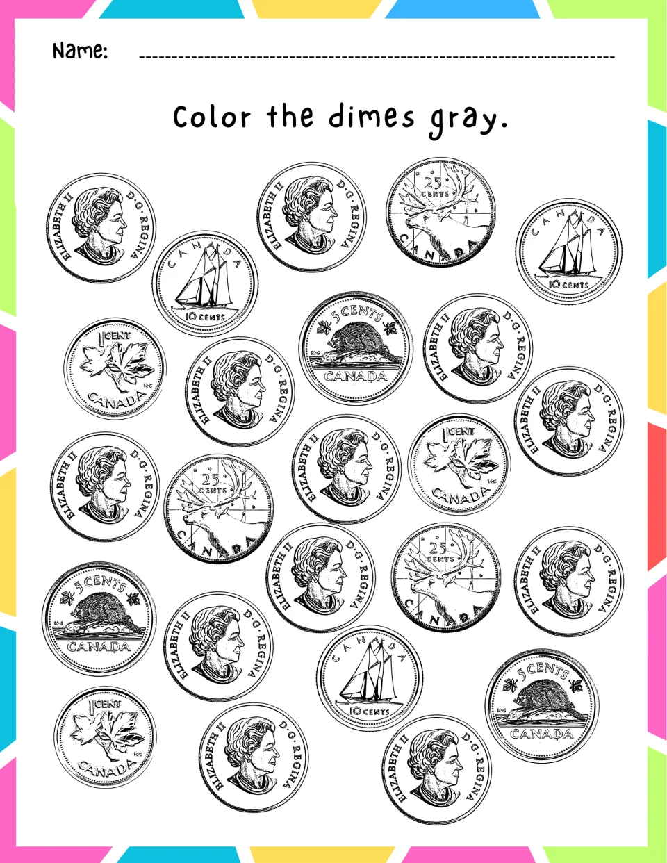 Dime hunt: students scan a scattered mix of Canadian coins and color every dime gray, practising coin identification
