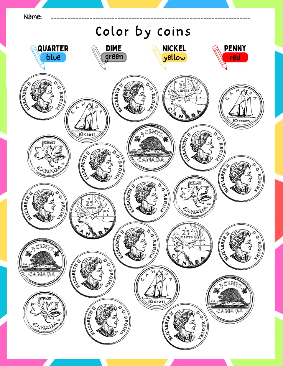 Color by coins: students color quarters blue, dimes green, nickels yellow and pennies red to sort all four Canadian coins