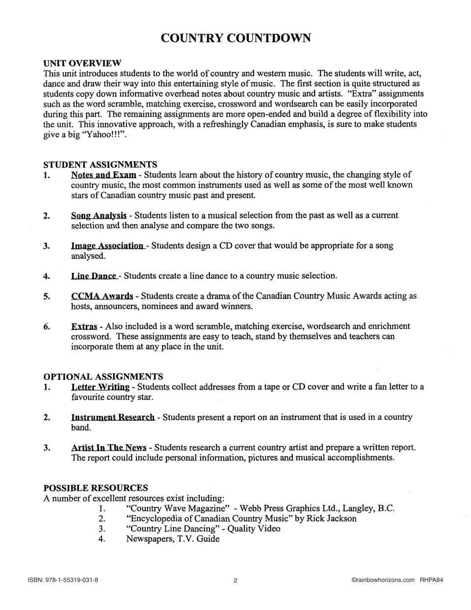 Unit overview listing six assignments, including Song Analysis and Line Dance, plus three optional assignments