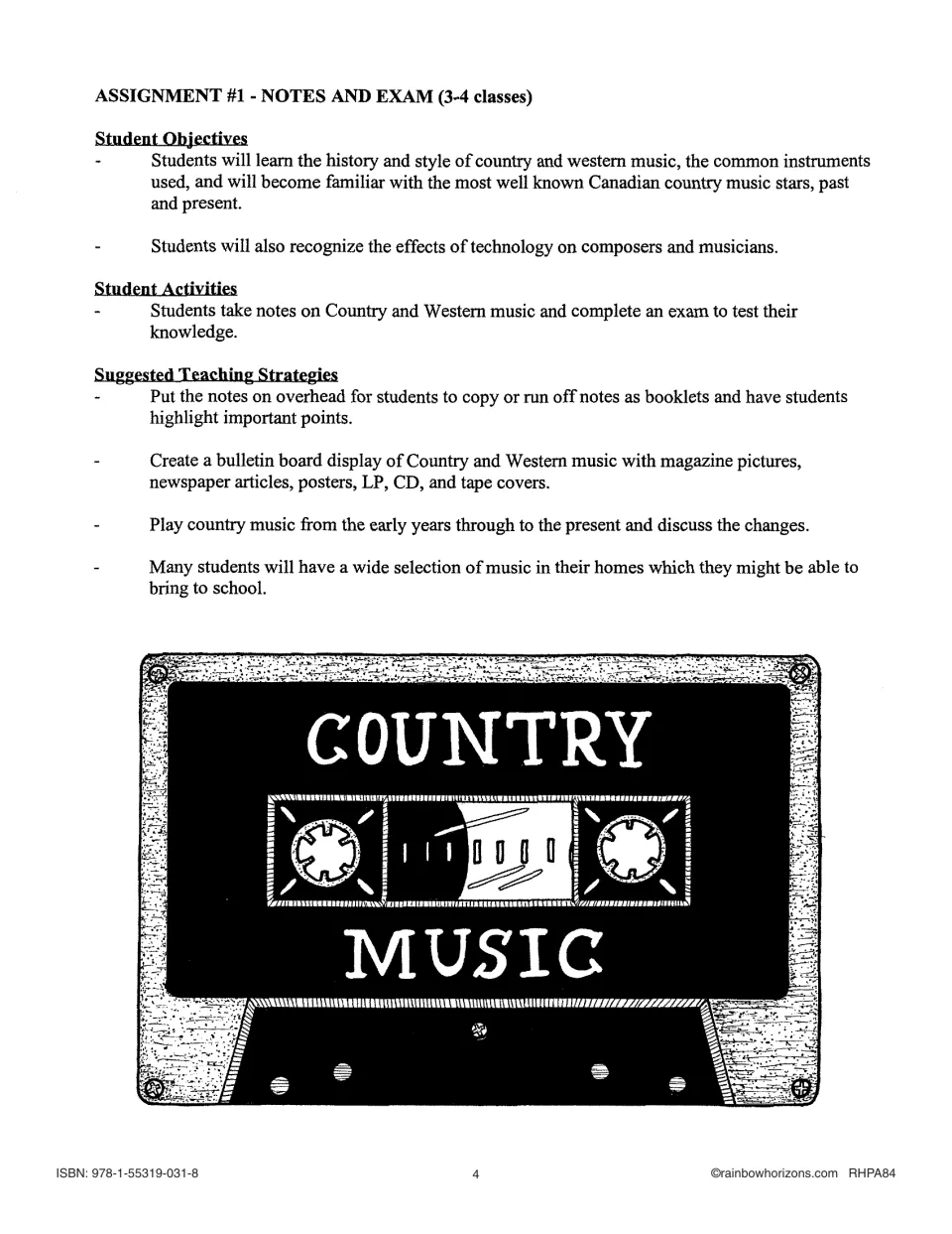 Assignment #1, Notes and Exam (3–4 classes): student objectives, activities and teaching strategies