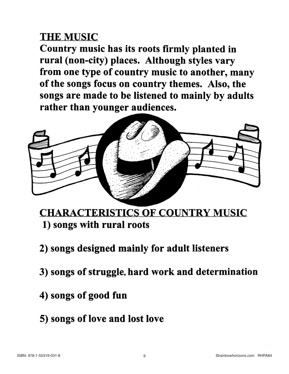 'The Music' notes and five characteristics of country music, such as rural roots and songs of love and lost love