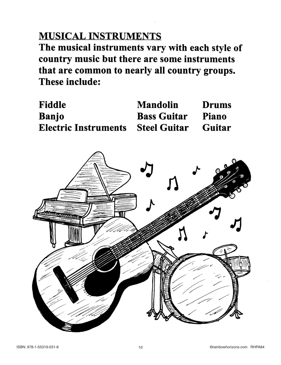 Musical Instruments notes listing nine common to country groups: fiddle, banjo, mandolin, drums and five more