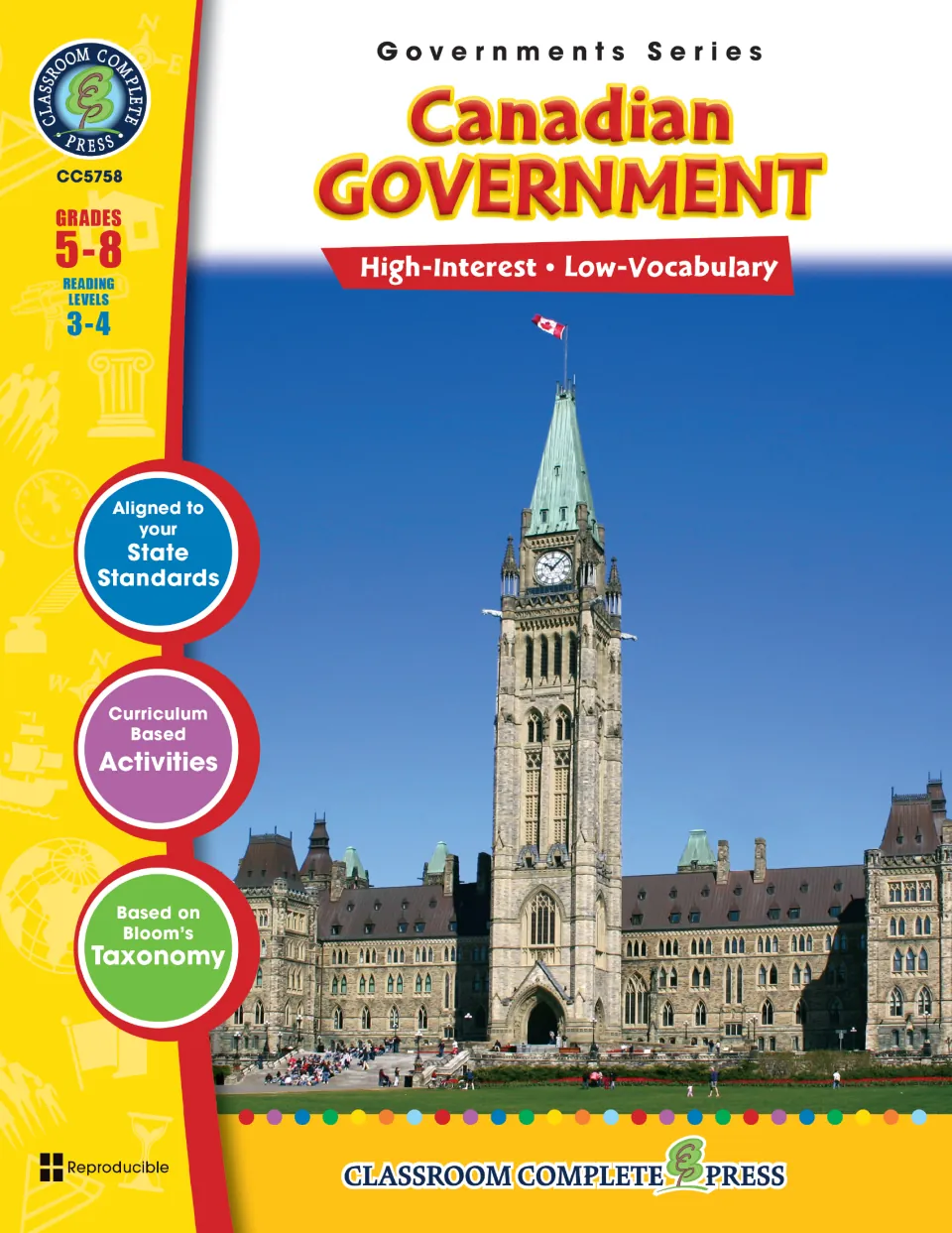 Canadian Government cover identifies grades 5–8, reading levels 3–4, and a high-interest, low-vocabulary approach