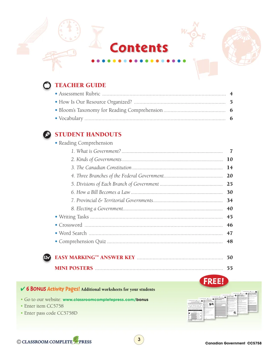 Contents lists eight government reading sections, writing tasks, puzzles, a quiz, an answer key, and mini posters