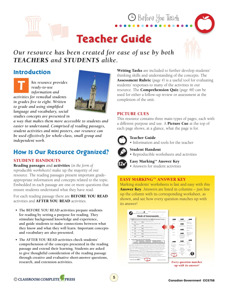 Teacher guide explains reading passages, before- and after-reading activities, writing tasks, and the answer key