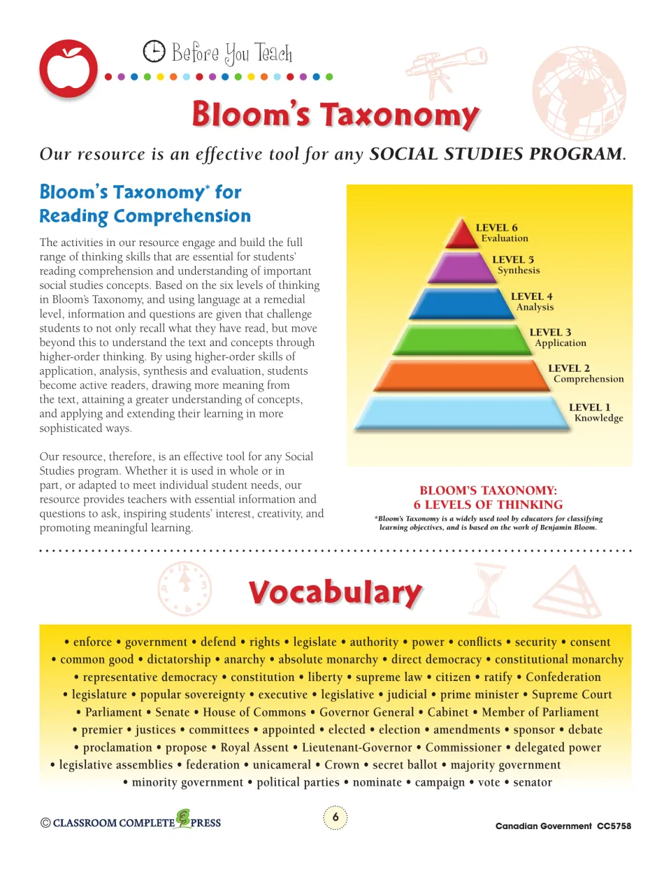 Teacher reference explains six levels of Bloom’s Taxonomy and lists government vocabulary, including Parliament
