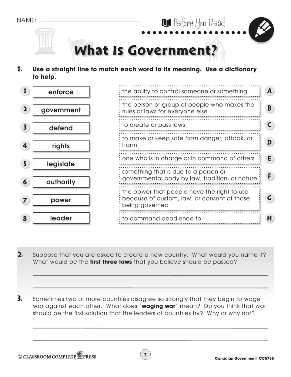 Before-reading activity introduces government through eight vocabulary matches and prompts about laws and war
