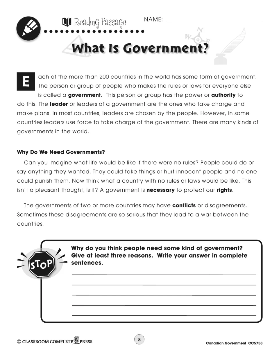What Is Government? reading defines government, authority, and leaders, then asks why people need government