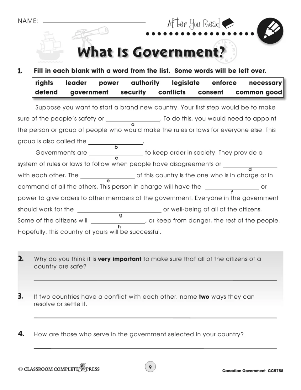 After-reading practice uses government vocabulary to complete a passage and asks about safety, conflict, and leaders