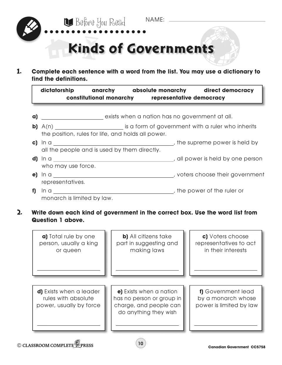Kinds of Governments before-reading practice asks students to identify six forms of government from definitions