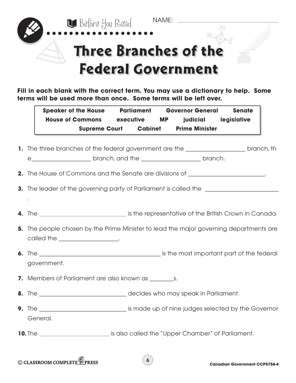 Branches of government vocabulary: students fill 10 blanks using terms such as Senate, Cabinet, MP and Governor General