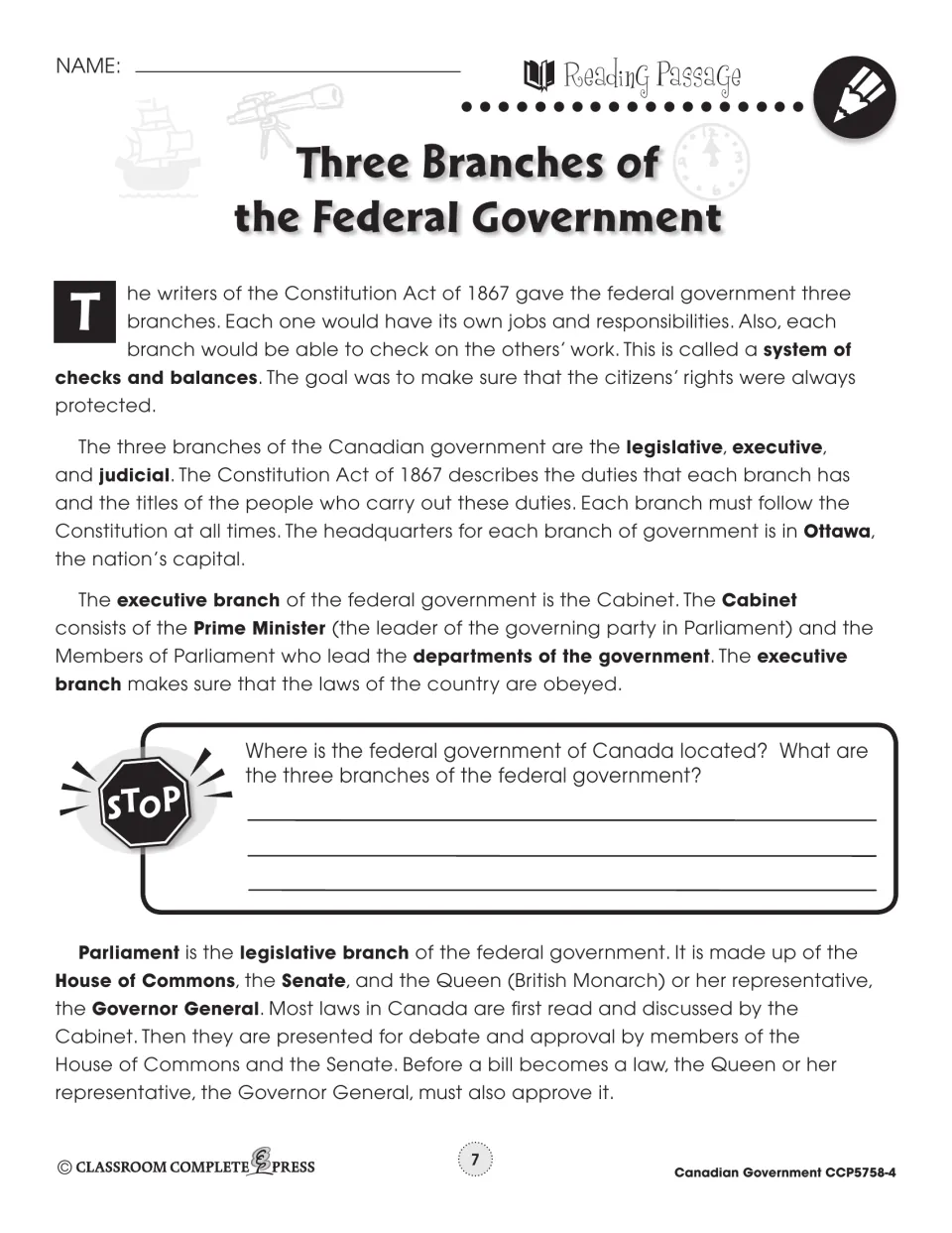 Reading on checks and balances, the Constitution Act of 1867, the Cabinet and Parliament, with a stop-and-answer question