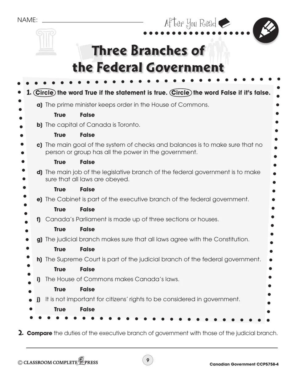 Federal branches review: students circle true or false for 10 statements, then compare executive and judicial duties
