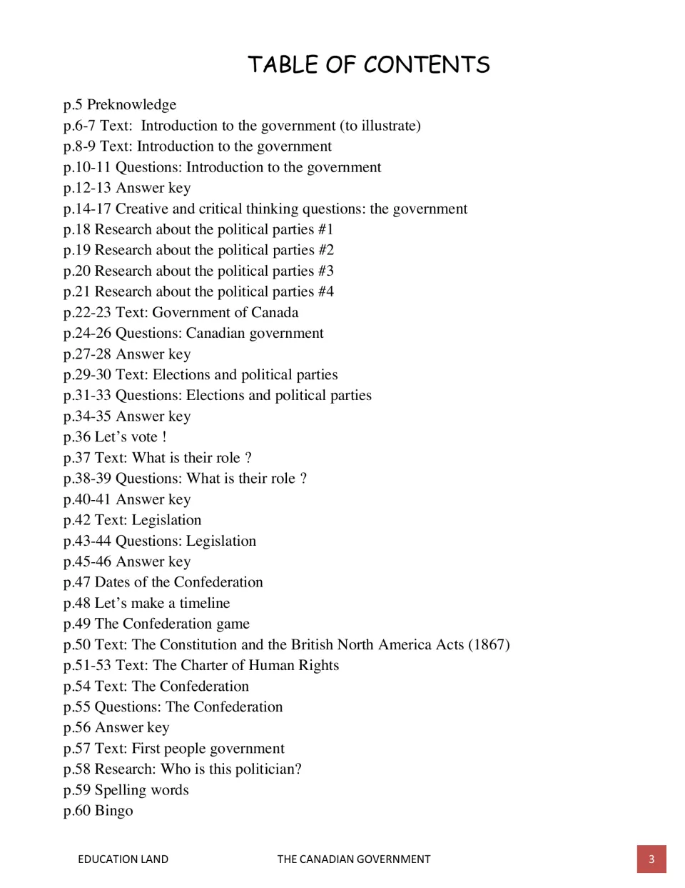 Table of contents listing government readings, questions, answer keys, political party research, and games