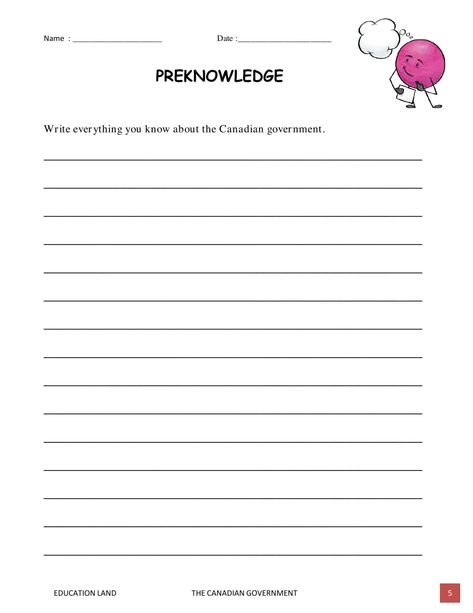 Prior knowledge activity asking students to write everything they know about the government of Canada
