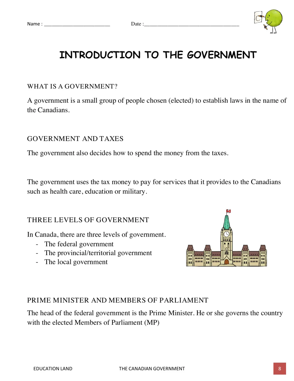 Introduction reading explains government, tax-funded services, three government levels, and the prime minister