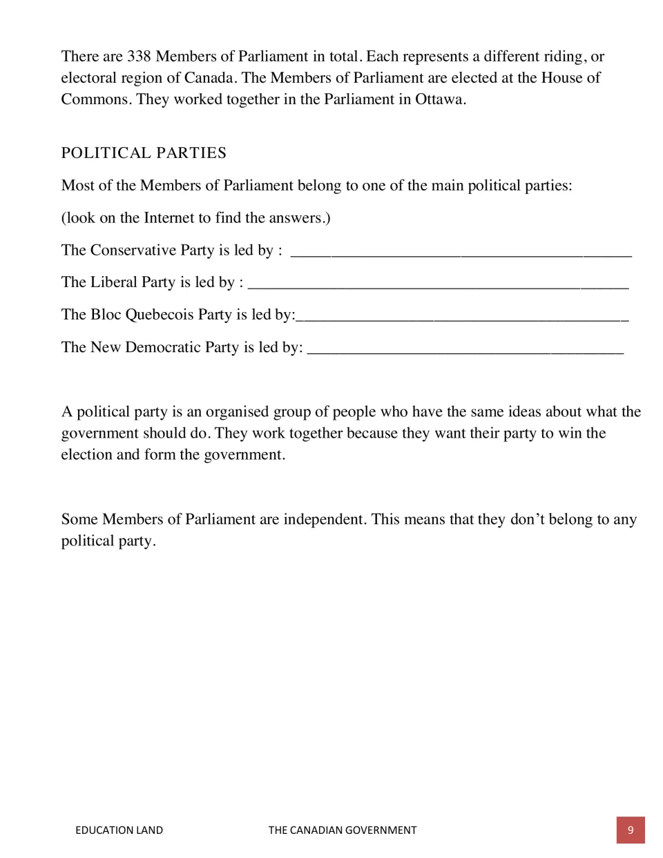 Introduction reading continues with MPs, political parties, independent members, and party leader research