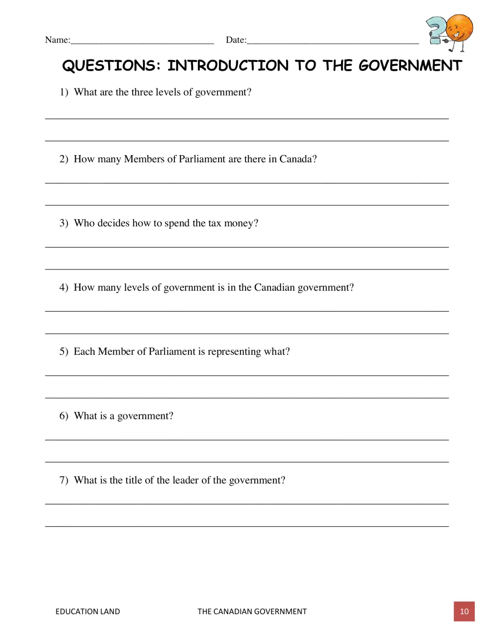 Introduction question sheet asks seven questions about government levels, MPs, taxes, representation, and leaders