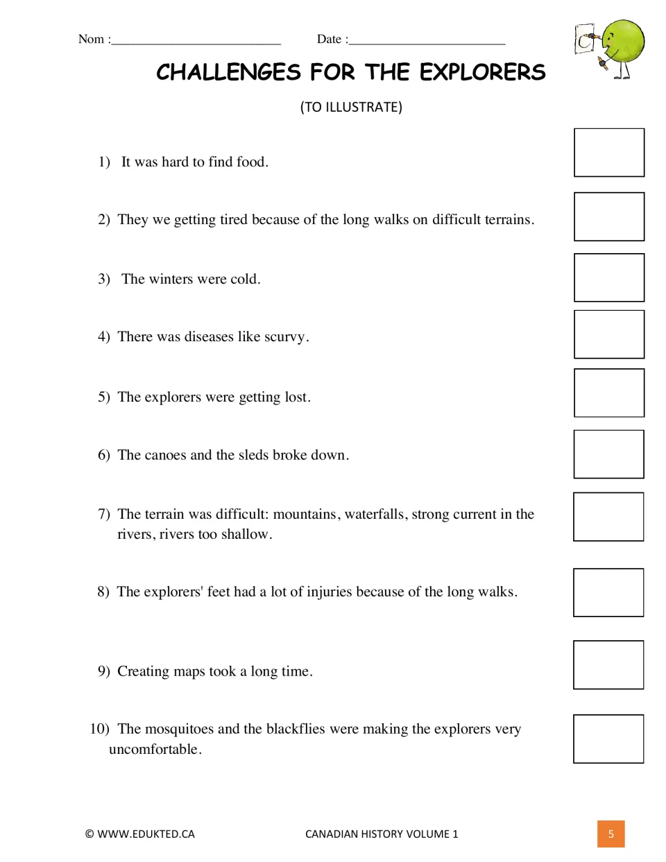 Explorer challenges 1–10 for students to illustrate include finding food, cold winters, scurvy, and mapping