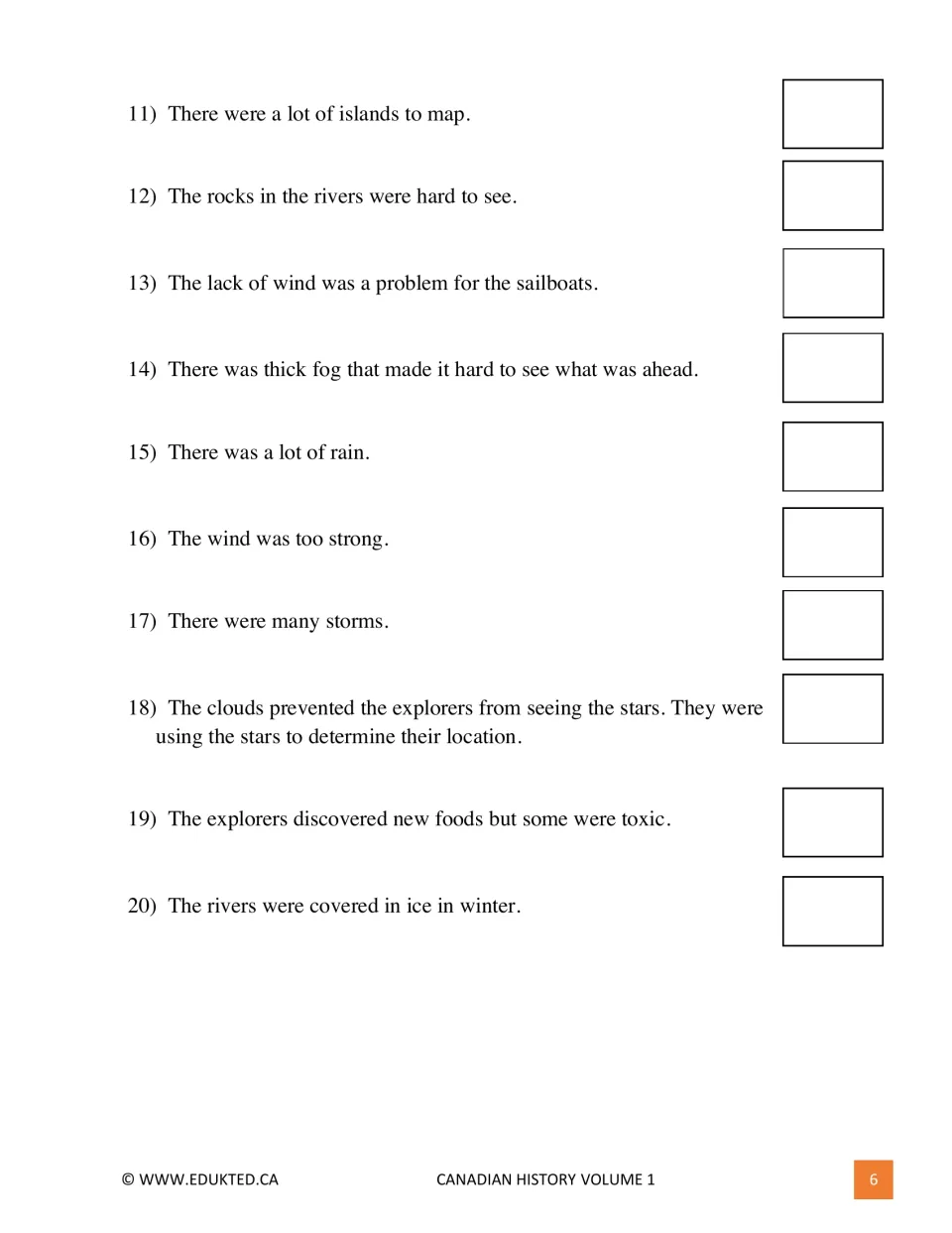 Explorer challenges 11–20 for students to illustrate cover islands, river rocks, fog, storms, and ice