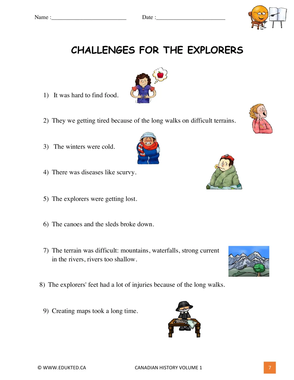Illustrated explorer challenges 1–9 describe hunger, fatigue, cold, illness, getting lost, and rough terrain