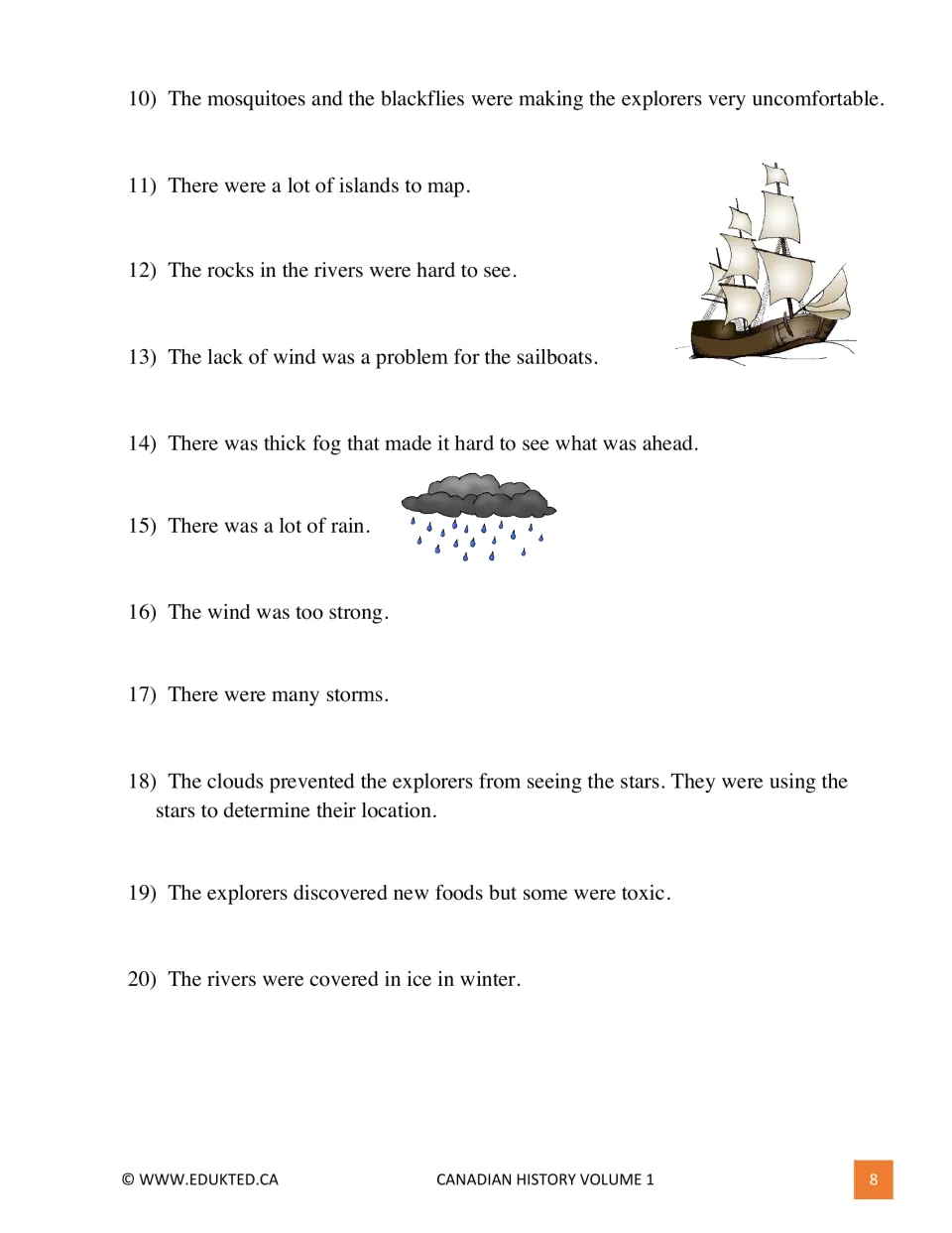 Illustrated explorer challenges 10–20 cover insects, mapping islands, sailing weather, and frozen rivers