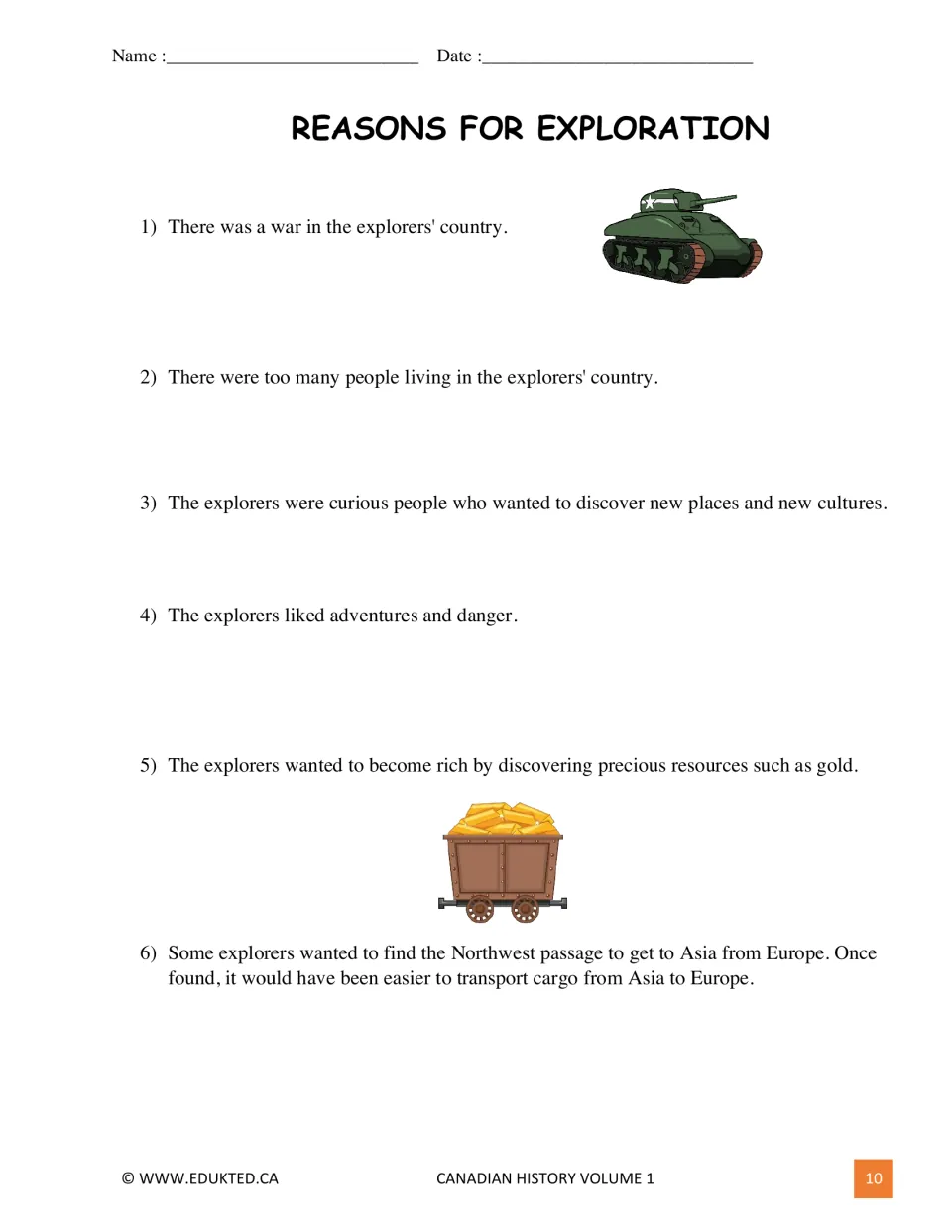 Illustrated reading lists six reasons for exploration, including population pressures and seeking gold