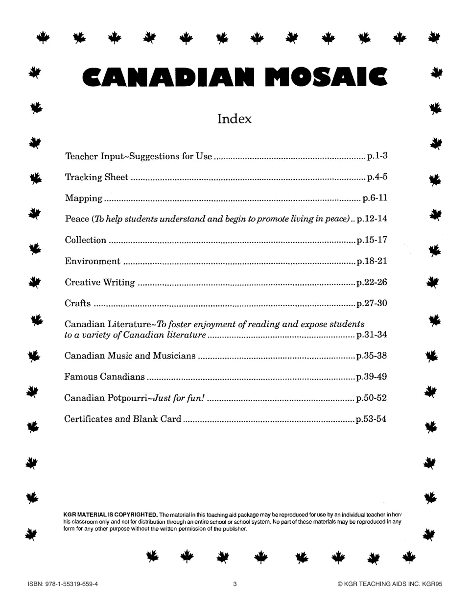 Activity collection index listing mapping, peace, environment, creative writing, crafts, and Canadian culture