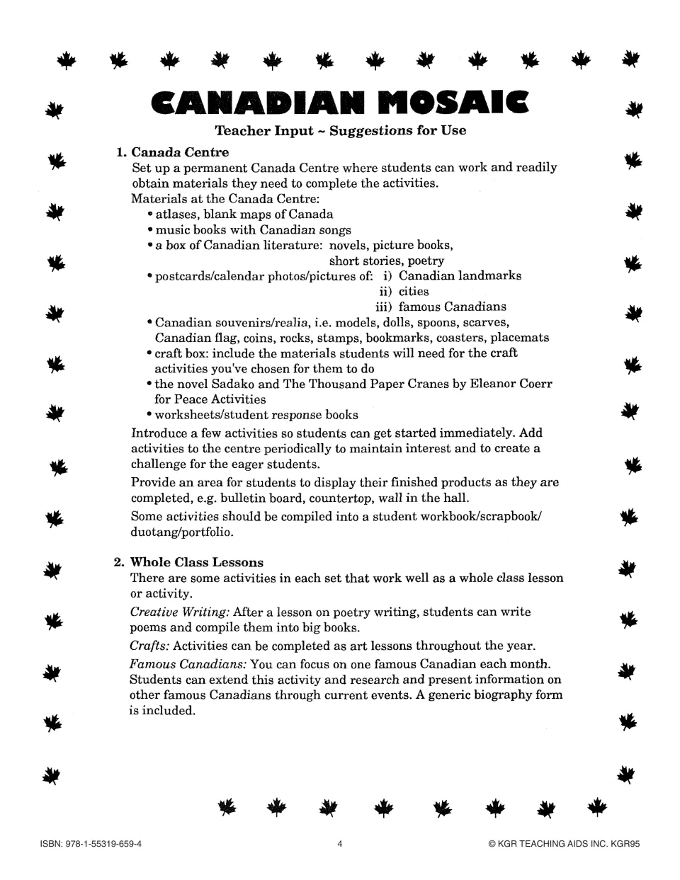 Teacher guidance for setting up a Canada center and using writing, crafts, and biography activities in class