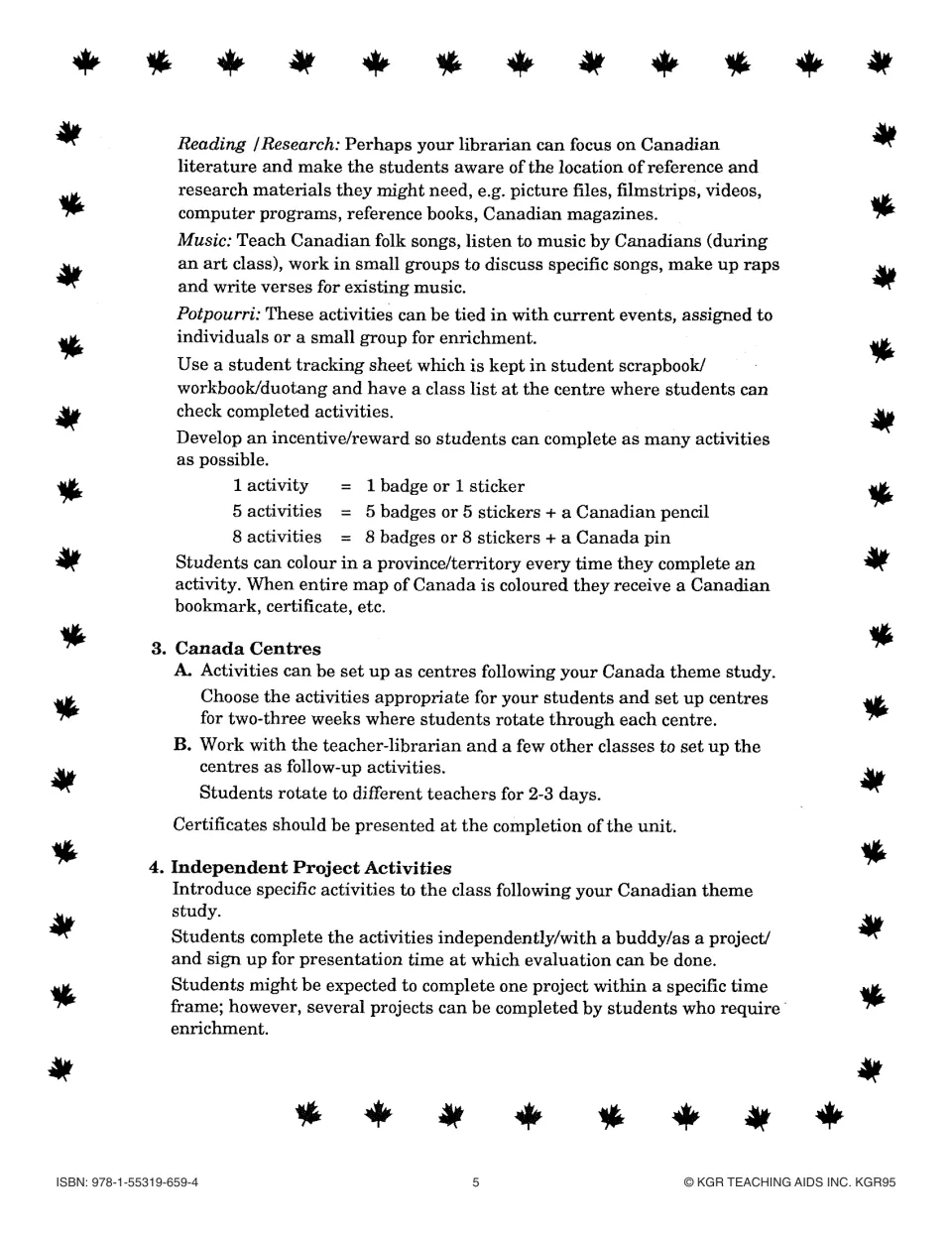 Teacher guidance on reading, music, activity tracking, rewards, rotating Canada centers, and student projects