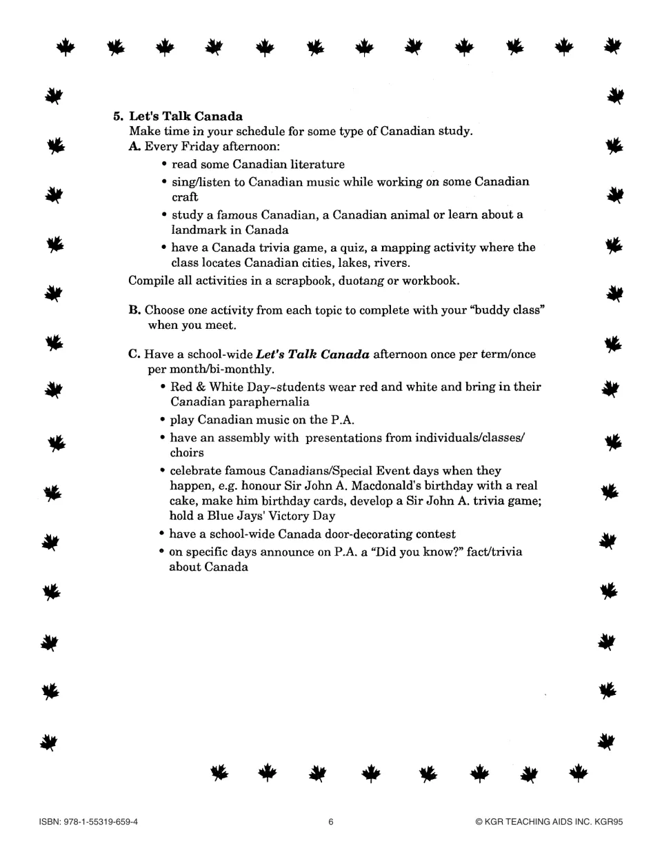 Let's Talk Canada teacher suggestions for weekly studies, buddy-class activities, and school-wide events