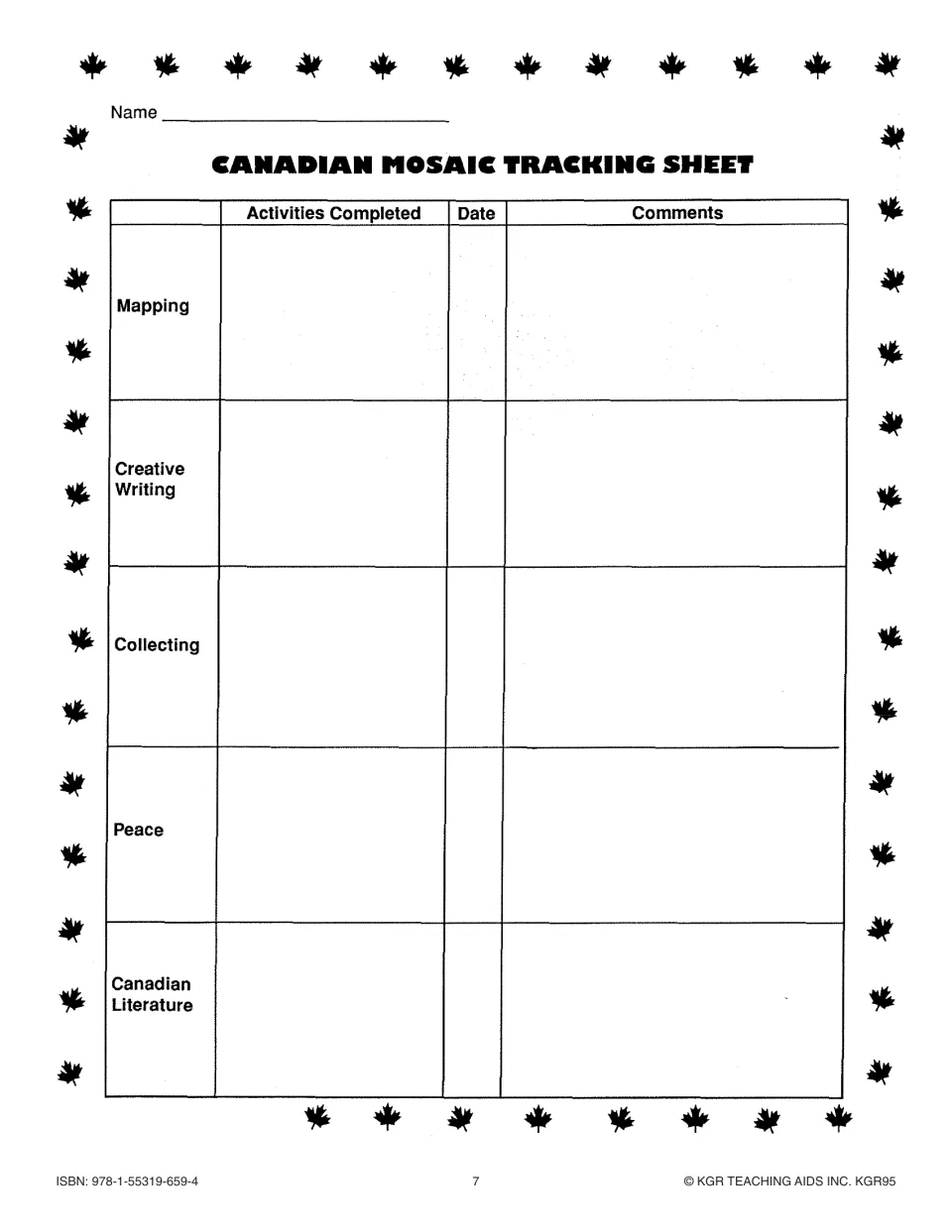 Student tracking sheet for mapping, creative writing, collecting, peace, and Canadian literature activities